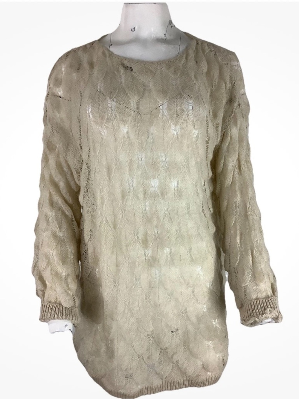 Easel Sz S Open Feather Knit Boho Minimalist Look Pullover Tunic Sweater Tan